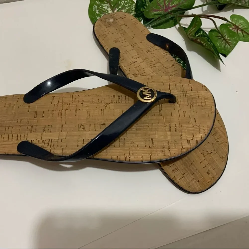 Michael Kors Cork Sandals MK Logo Navy PVC Thong Jet Set Flip Flops Sz. 10